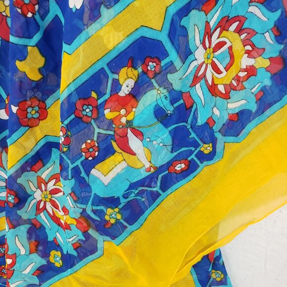 HERMES Shawl Scarf Pareo 100% Cotton Lightweight Blue Yellow Red Persian Motif - Picture 7 of 14